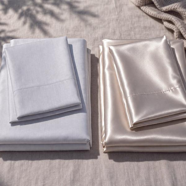 Luxury white cotton bedsheets showing sateen weave and plain weave fabric textures in a modern bedroom.