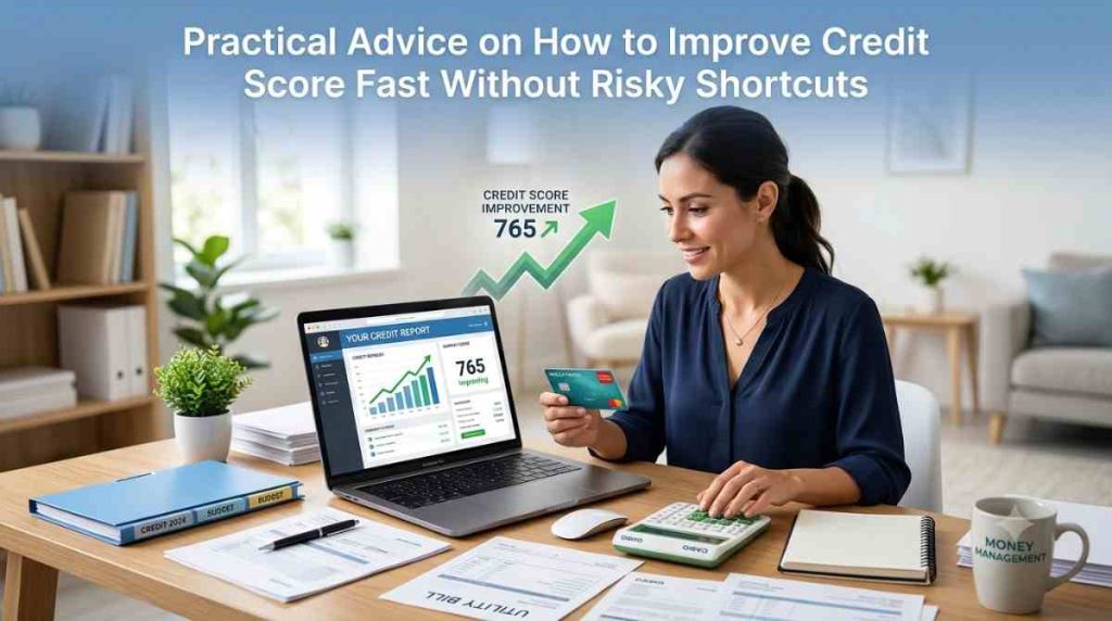 Credit score meter rising with checklist of credit improvement steps