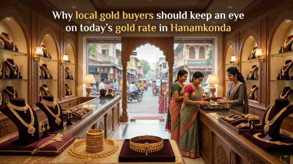 Gold jewellery and coins shown to represent the gold rate in Hanamkonda
