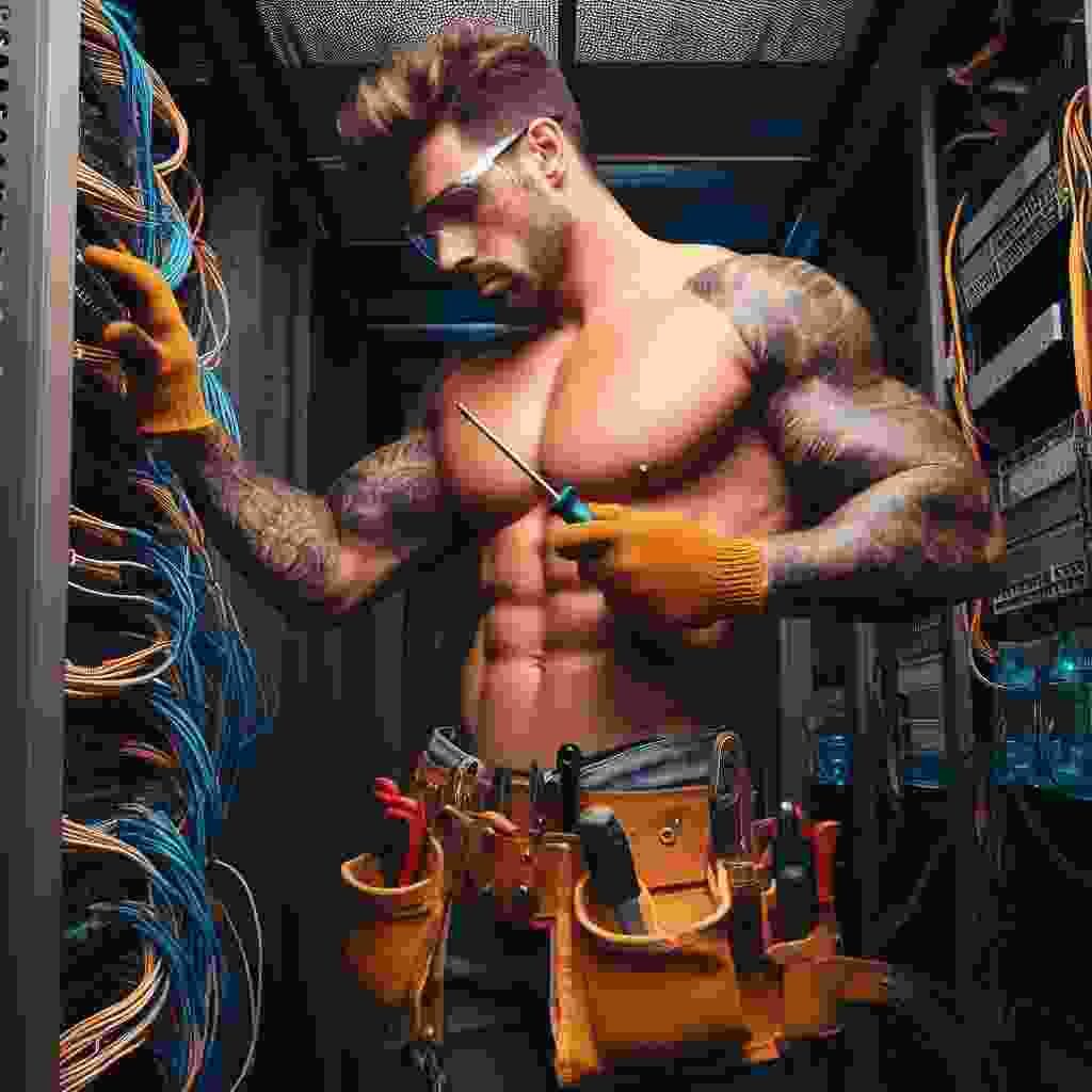 Technician repairing vps hosting server at iMarketing (illustration)