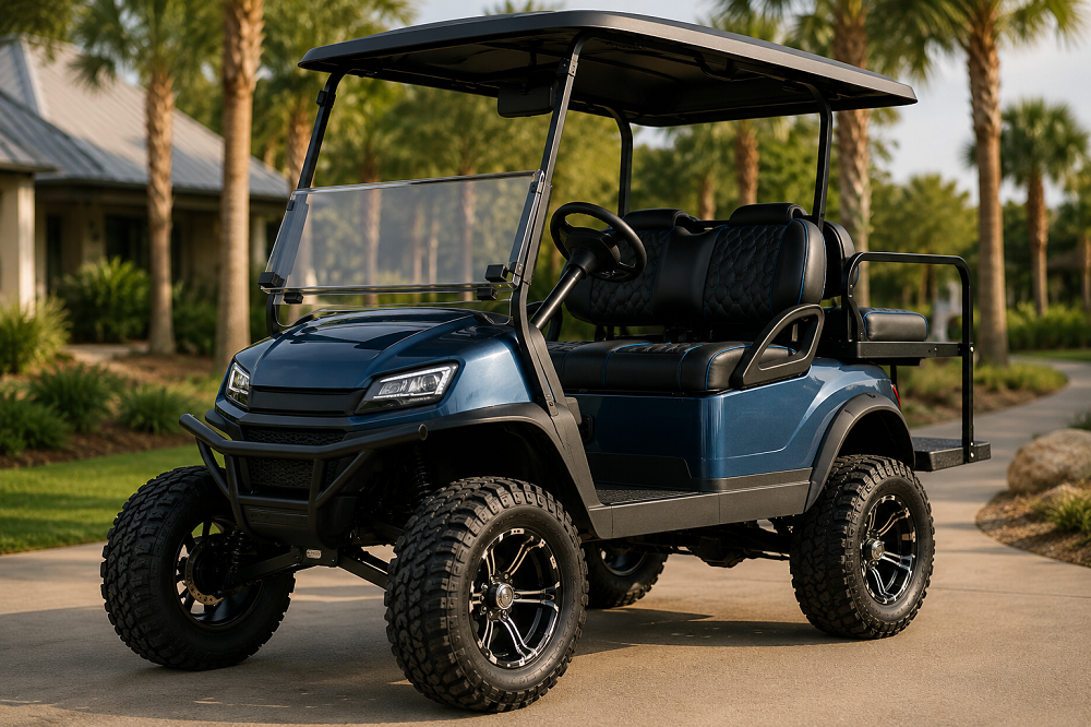 Lifted golf cart in resort setting