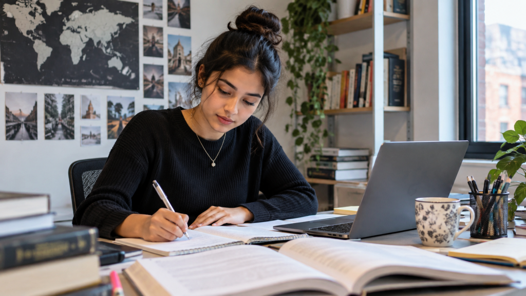 Female university student writing notes at a study desk with books and a laptop while working on academic writing and research.