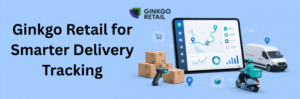 Ginkgo Retail smart delivery tracking visual with digital logistics dashboard, courier route visibility, delivery status updates, and modern order tracking technology.
